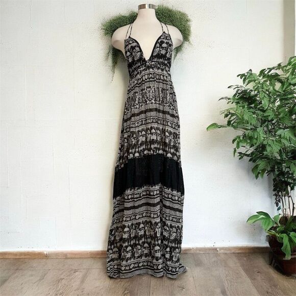 Free People Black Maxi Dress Brown Triangle Combo Boho Elephant Medium - Picture 1 of 4